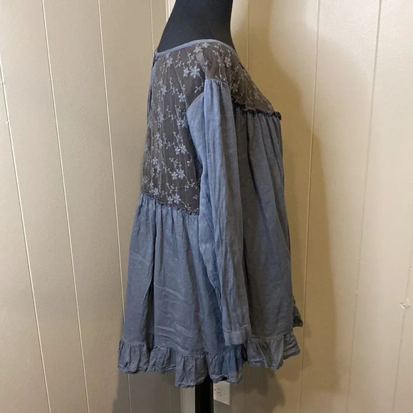 World Market Small/Medium Blue Long Sleeve Smocked Top Giselle Lace Ruffles - Picture 2 of 7